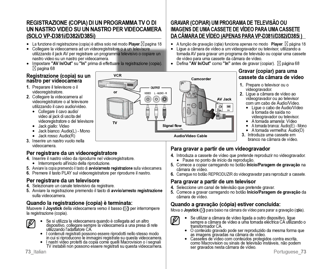 Samsung VP-D382H/XEF, VP-D381/XEF manual Solo VP-D381i/D382i/D385i, Registrazione copia su un, Nastro per videocamera 