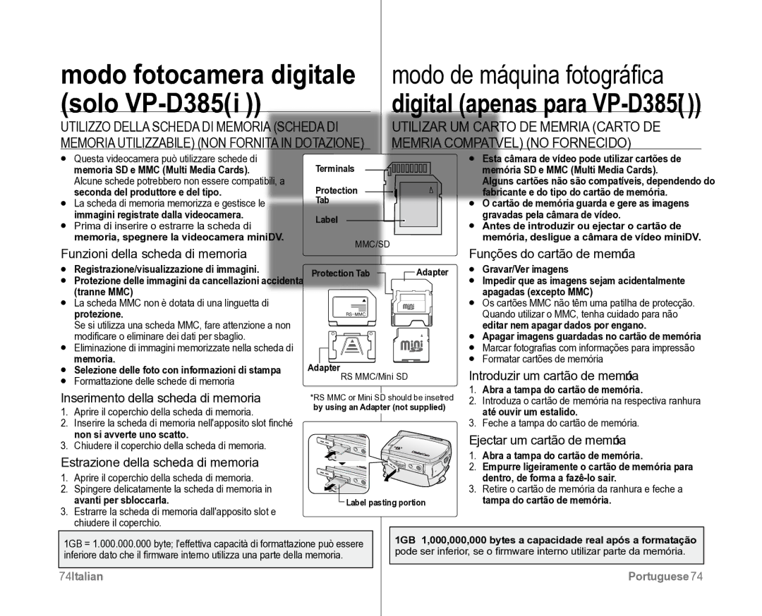 Samsung VP-D381/XEF Memória Compatível NÃO Fornecido, Introduzir um cartão de memória, Inserimento della scheda di memoria 