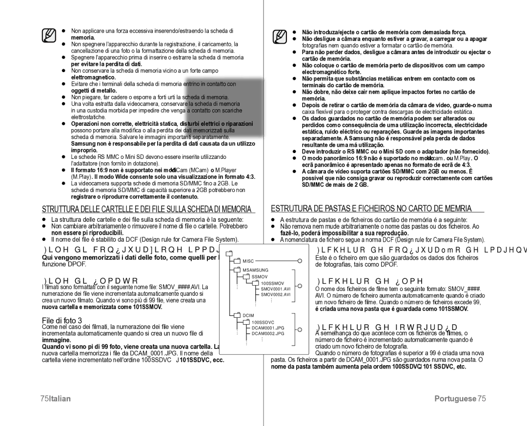 Samsung VP-D382H/XEF File di filmato, Ficheiro de filme, File di foto, Ficheiro de fotografia, 75Italian Portuguese75 