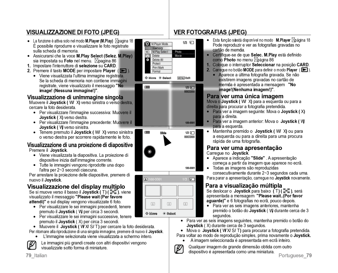 Samsung VP-D382H/XEF, VP-D381/XEF manual Visualizzazione DI Foto Jpeg VER Fotografias Jpeg, Para ver uma única imagem 