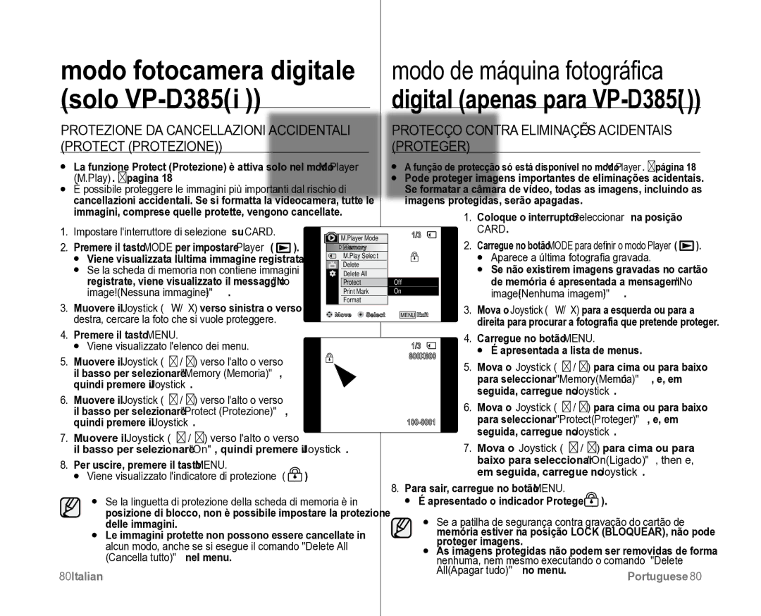 Samsung VP-D381/XEF, VP-D382H/XEF manual Protezione DA Cancellazioni Accidentali Protect Protezione 