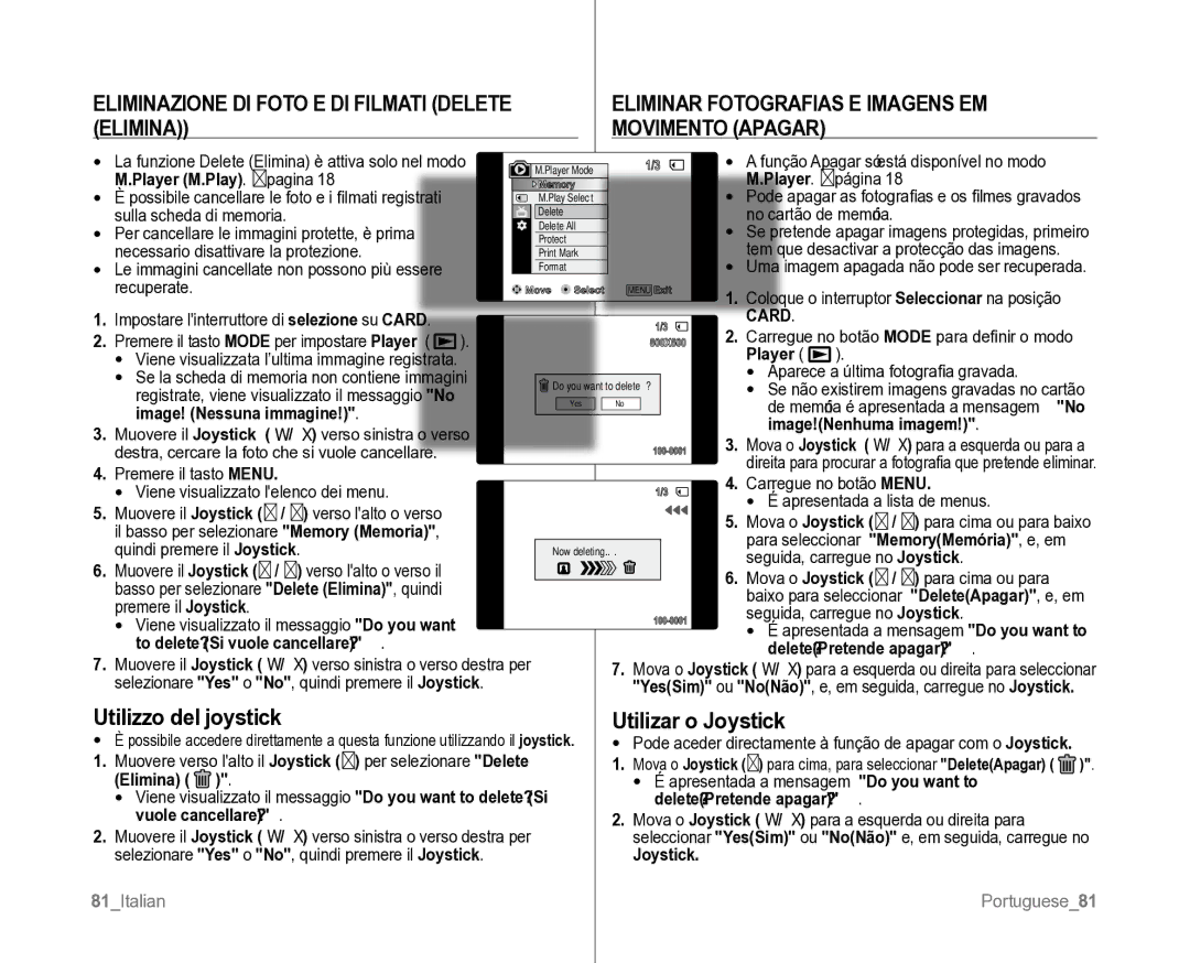 Samsung VP-D382H/XEF, VP-D381/XEF manual Utilizzo del joystick, Utilizar o Joystick, Player M.Play. pagina 