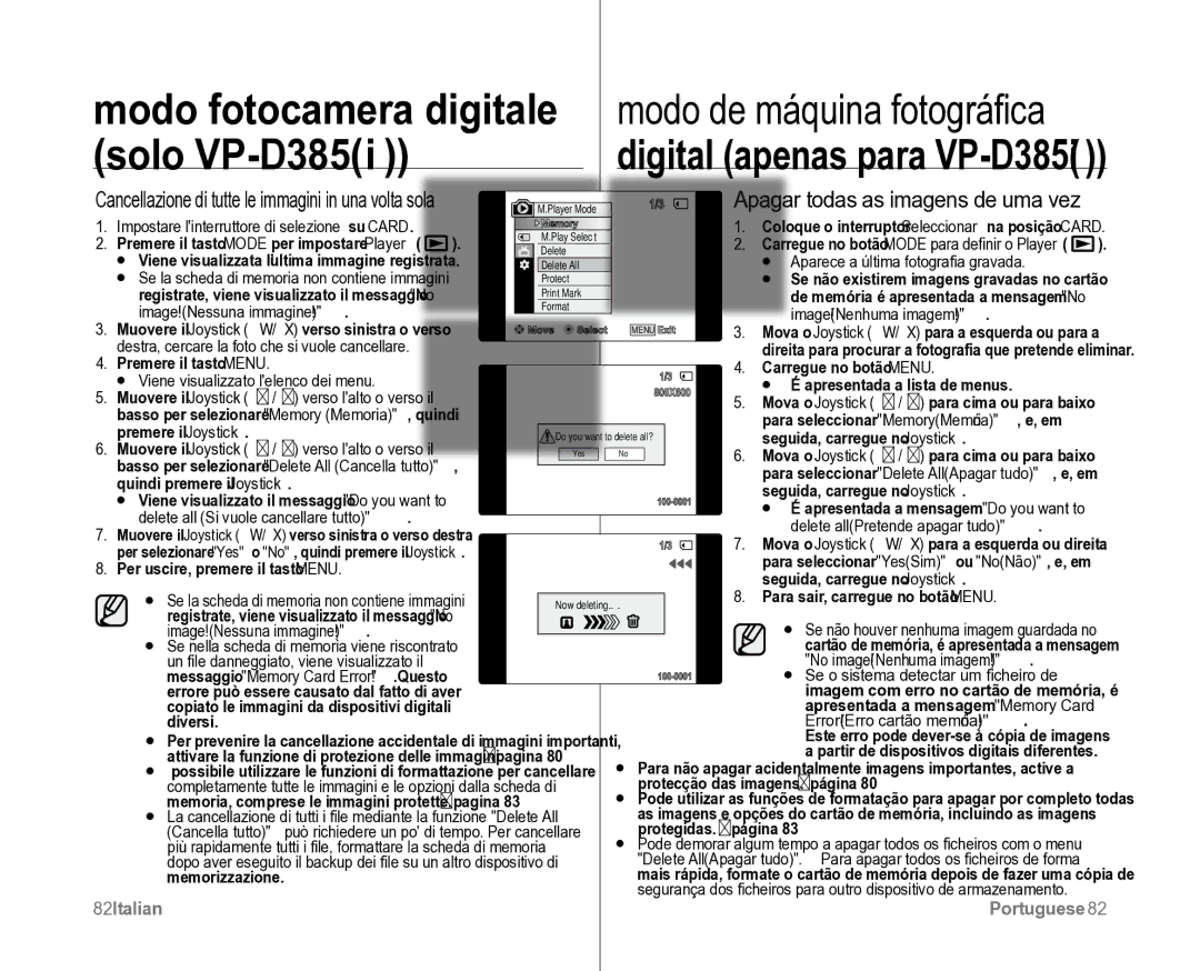 Samsung VP-D381/XEF, VP-D382H/XEF manual Apagar todas as imagens de uma vez, Image! Nessuna immagine Image!Nenhuma imagem 