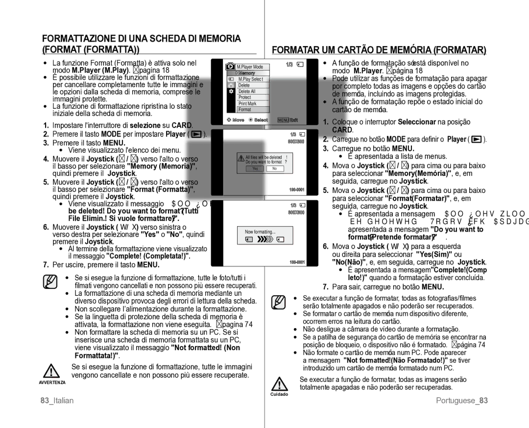 Samsung VP-D382H/XEF Formattazione DI UNA Scheda DI Memoria Format Formatta, Modo M.Player M.Play . pagina, Formattata 