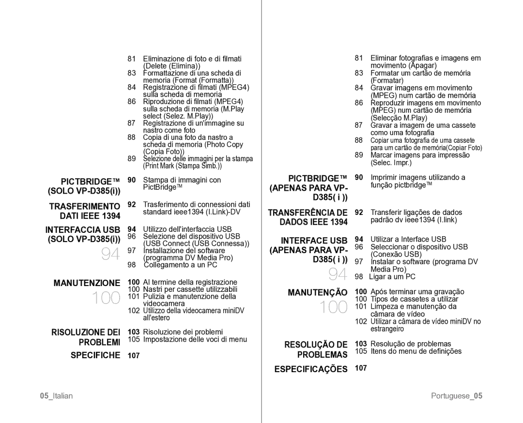 Samsung VP-D382H/XEF, VP-D381/XEF manual Manutenzione, Specifiche, Manutenção, Especificações 