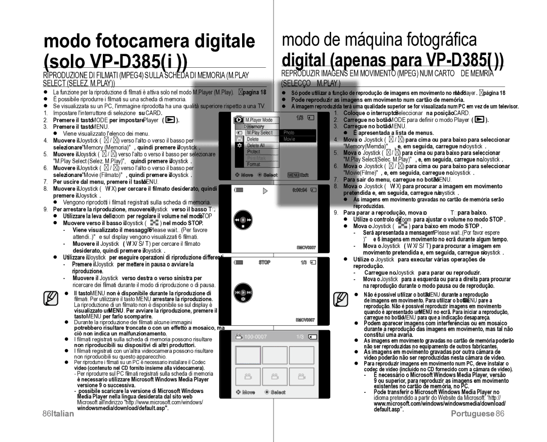 Samsung VP-D381/XEF 86Italian, Portuguese86, Reproduzir imagens em movimento Mpeg num cartão de memória, Selecção M.Play 