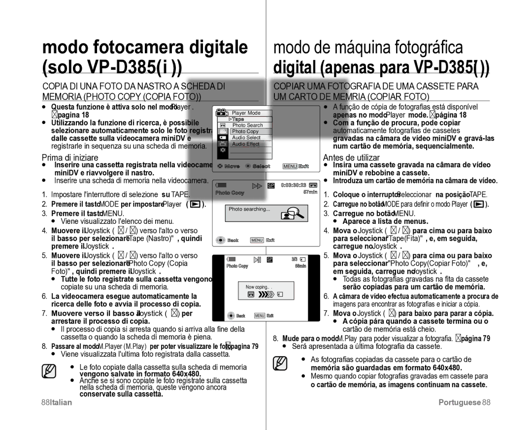 Samsung VP-D381/XEF Copia DI UNA Foto DA Nastro a Scheda DI, UM Cartão DE Memória Copiar Foto, 88Italian, Portuguese88 