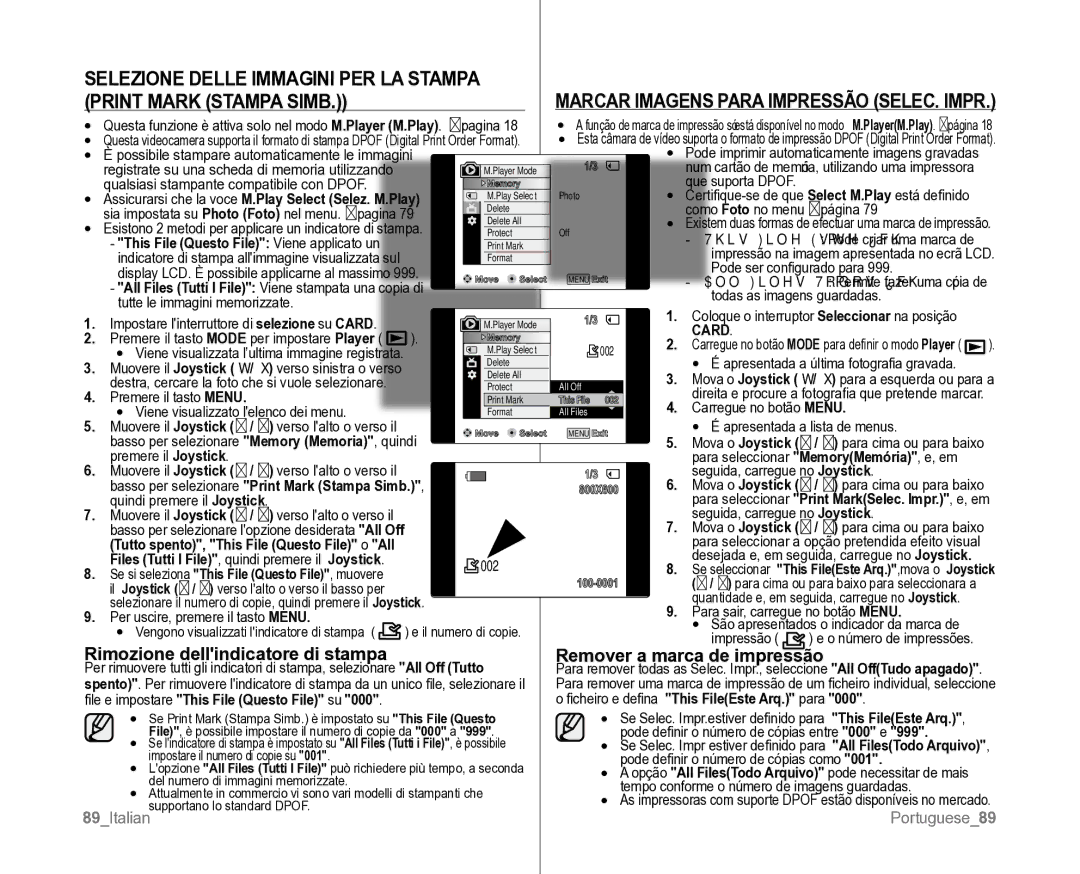 Samsung VP-D382H/XEF, VP-D381/XEF manual Marcar Imagens Para Impressão SELEC. Impr, Remover a marca de impressão, 002 