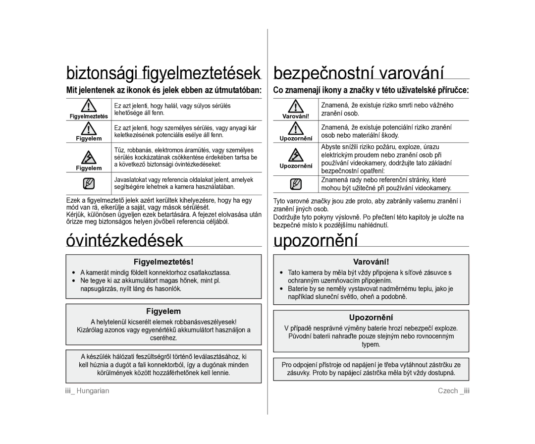 Samsung VP-D381/XEO manual Óvintézkedések, Bezpečnostní varování, Upozornění 