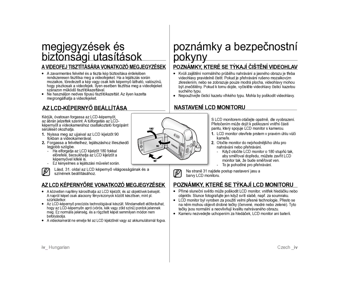 Samsung VP-D381/XEO manual Poznámky a bezpečnostní pokyny, AZ LCD-KÉPERNYŐ Beállítása, Nastavení LCD Monitoru 