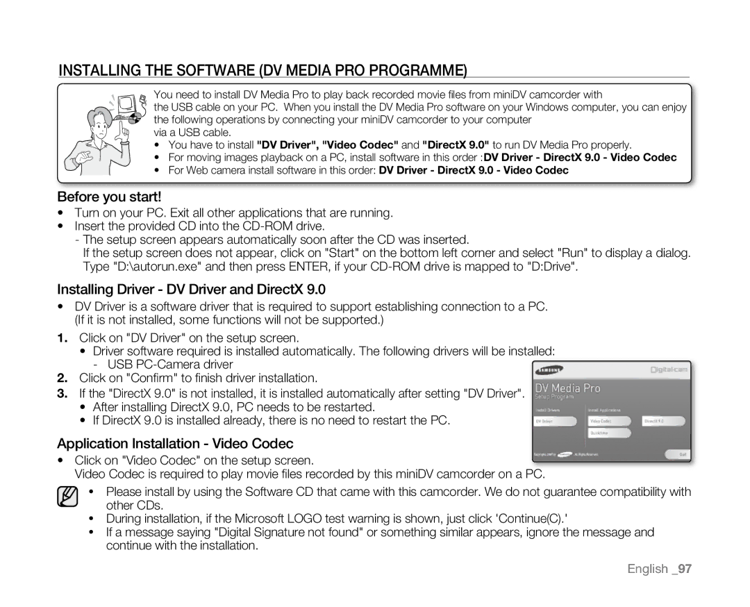 Samsung VP-D382( i ), VP-D382H, VP-D385( i ), VP-D381( i ) Installing the Software DV Media Pro Programme, Before you start 