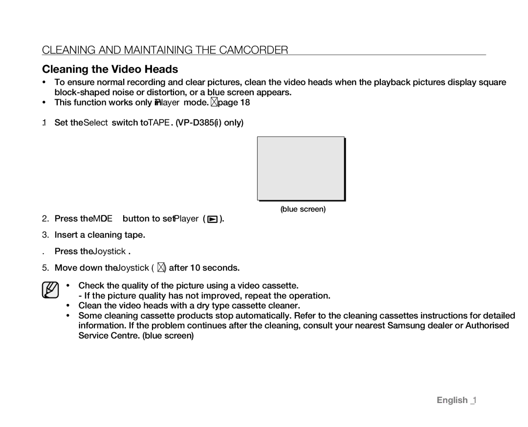 Samsung VP-D382H, VP-D382( i ), VP-D385( i ), VP-D381( i ), VP-D384 user manual Blue screen 