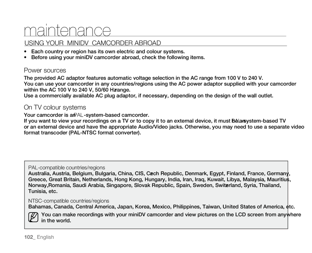 Samsung VP-D382( i ), VP-D382H, VP-D385( i ) Using Your Minidv Camcorder Abroad, Power sources, On TV colour systems 