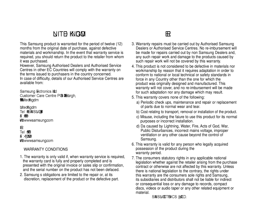 Samsung VP-D381( i ), VP-D382H, VP-D382( i ), VP-D385( i ), VP-D384 user manual United Kingdom 