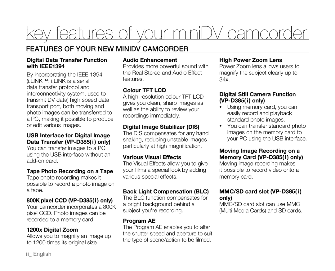 Samsung VP-D385( i ), VP-D382H, VP-D382( i ), VP-D381( i ), VP-D384 user manual Features of Your NEW Minidv Camcorder 