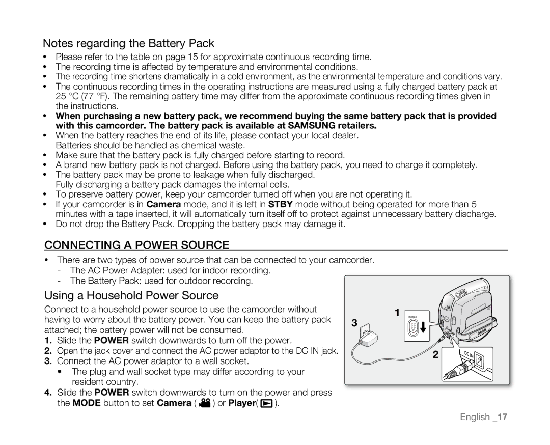 Samsung VP-D382( i ), VP-D382H, VP-D385( i ), VP-D381( i ), VP-D384 Using a Household Power Source, Connecting a Power Source 