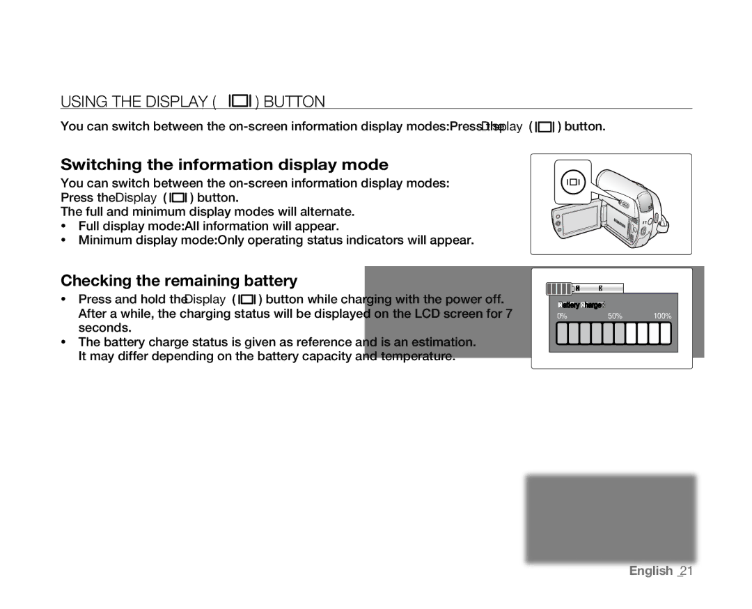 Samsung VP-D382H, VP-D384 Using the Display Button, Switching the information display mode, Checking the remaining battery 