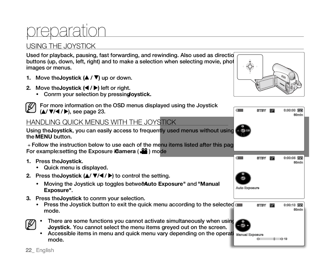 Samsung VP-D382( i ), VP-D382H, VP-D385( i ), VP-D381( i ) Using the Joystick, Handling Quick Menus with the Joystick 