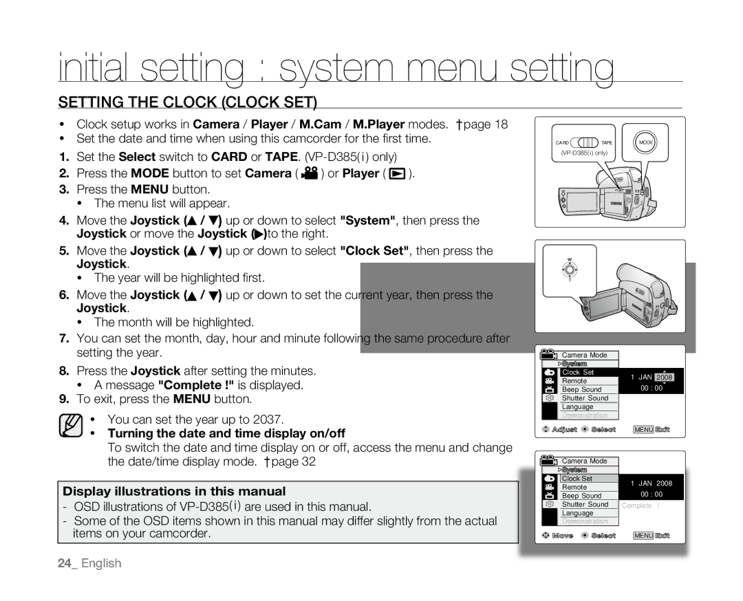 Samsung VP-D381( i ), VP-D382H, VP-D382( i ), VP-D385( i ) Initial setting system menu setting, Setting the Clock Clock SET 