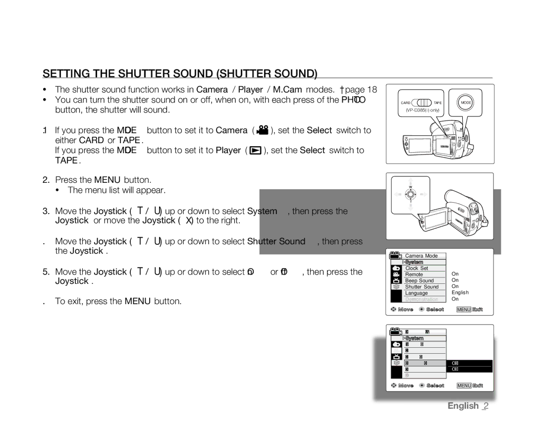 Samsung VP-D382( i ), VP-D382H, VP-D385( i ), VP-D381( i ), VP-D384 user manual Setting the Shutter Sound Shutter Sound 