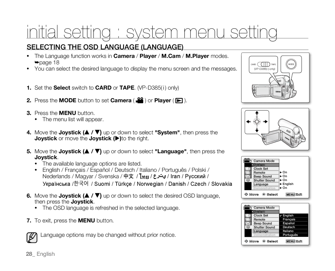 Samsung VP-D385( i ), VP-D382H, VP-D382( i ), VP-D381( i ), VP-D384 Selecting the OSD Language Language, Or Player, Joystick 