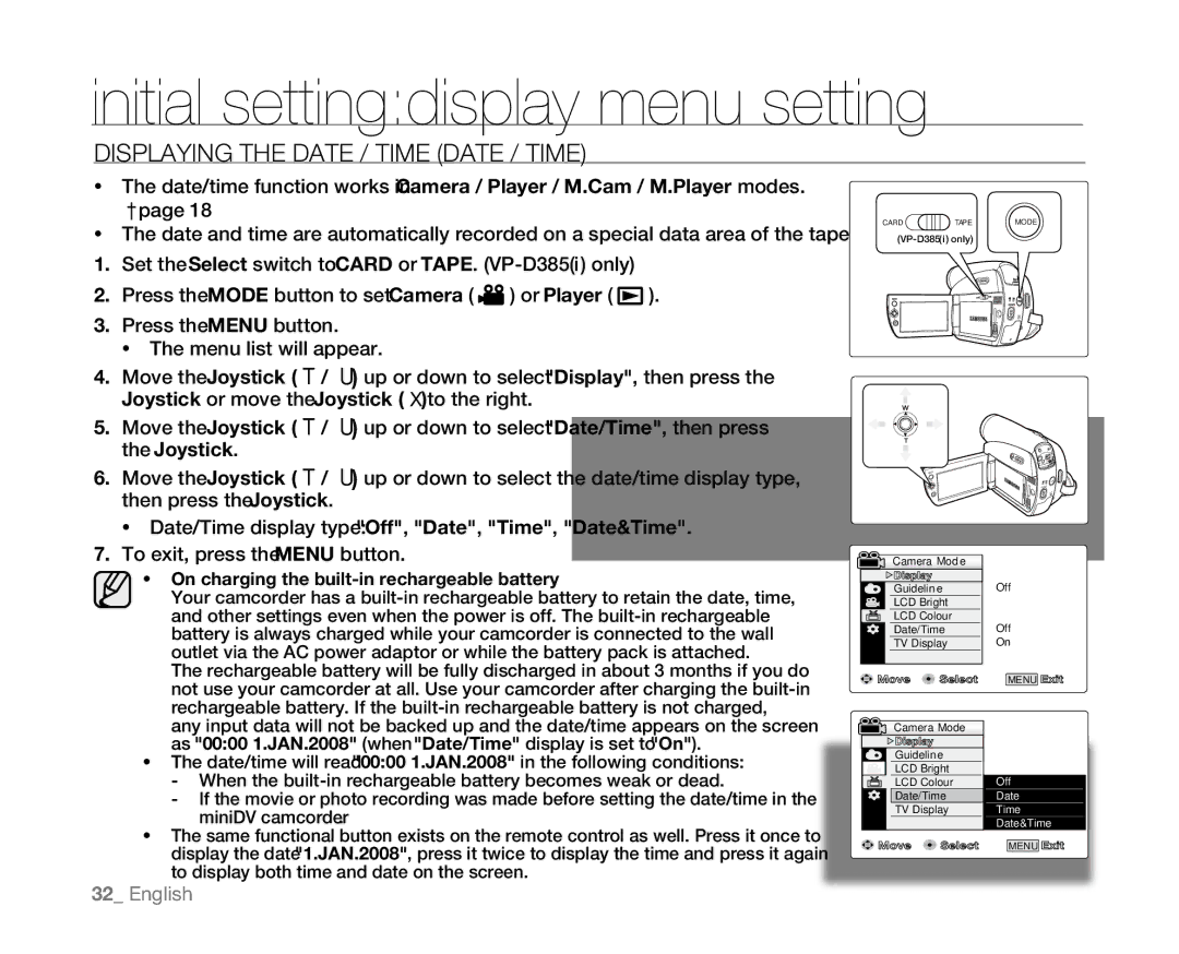 Samsung VP-D382( i ), VP-D382H, VP-D385( i ) Initial settingdisplay menu setting, Displaying the Date / Time Date / Time 