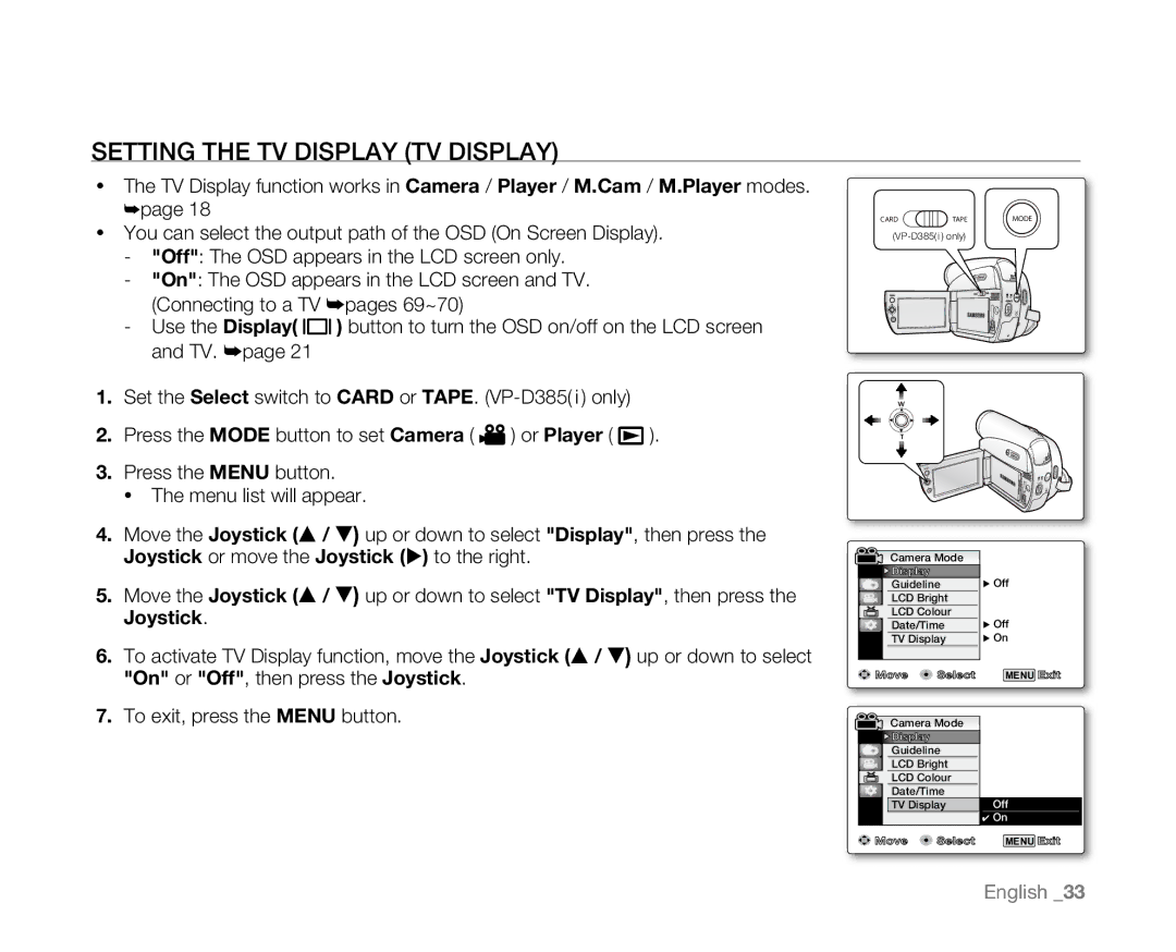 Samsung VP-D385( i ), VP-D382H, VP-D382( i ), VP-D381( i ), VP-D384 user manual Setting the TV Display TV Display 