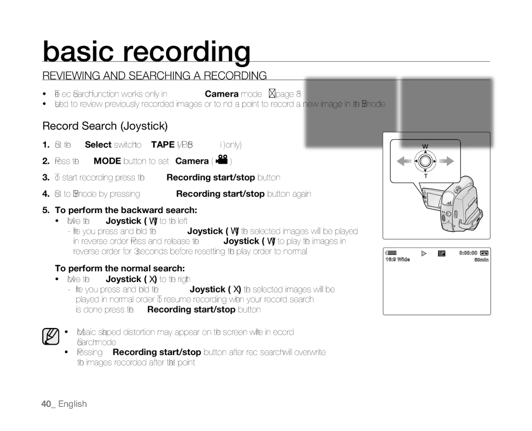 Samsung VP-D384, VP-D382H Reviewing and Searching a Recording, Record Search Joystick, To perform the backward search 