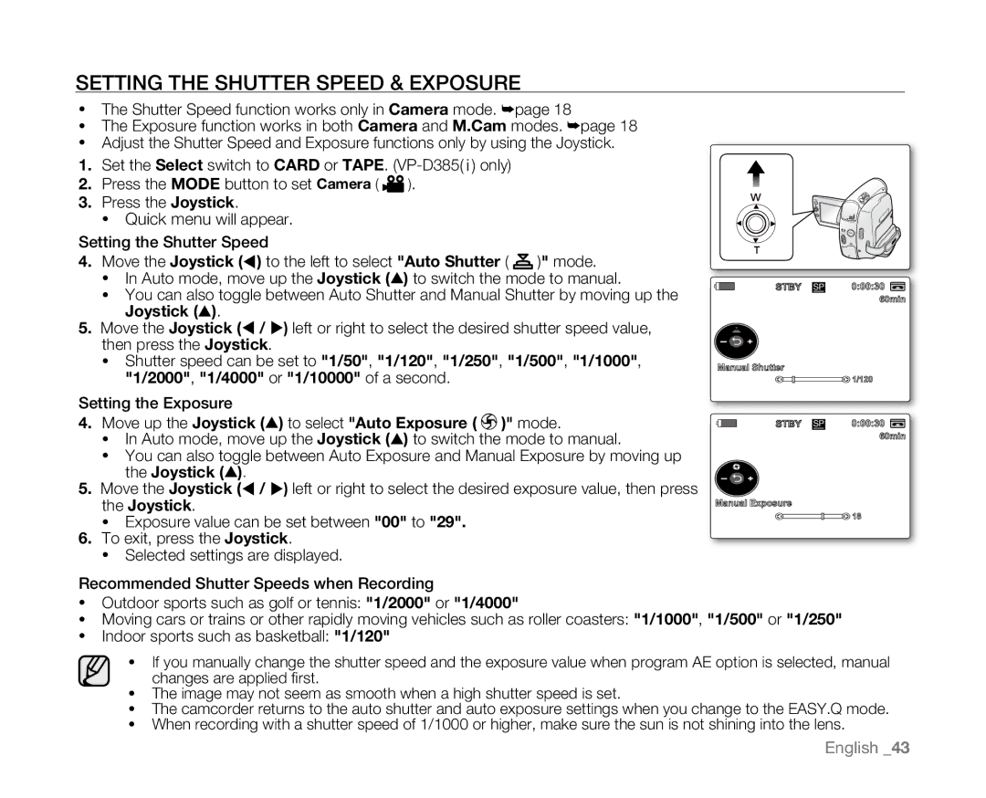 Samsung VP-D385( i ), VP-D382H, VP-D382( i ), VP-D381( i ), VP-D384 Setting the Shutter Speed & Exposure, Press the Joystick 