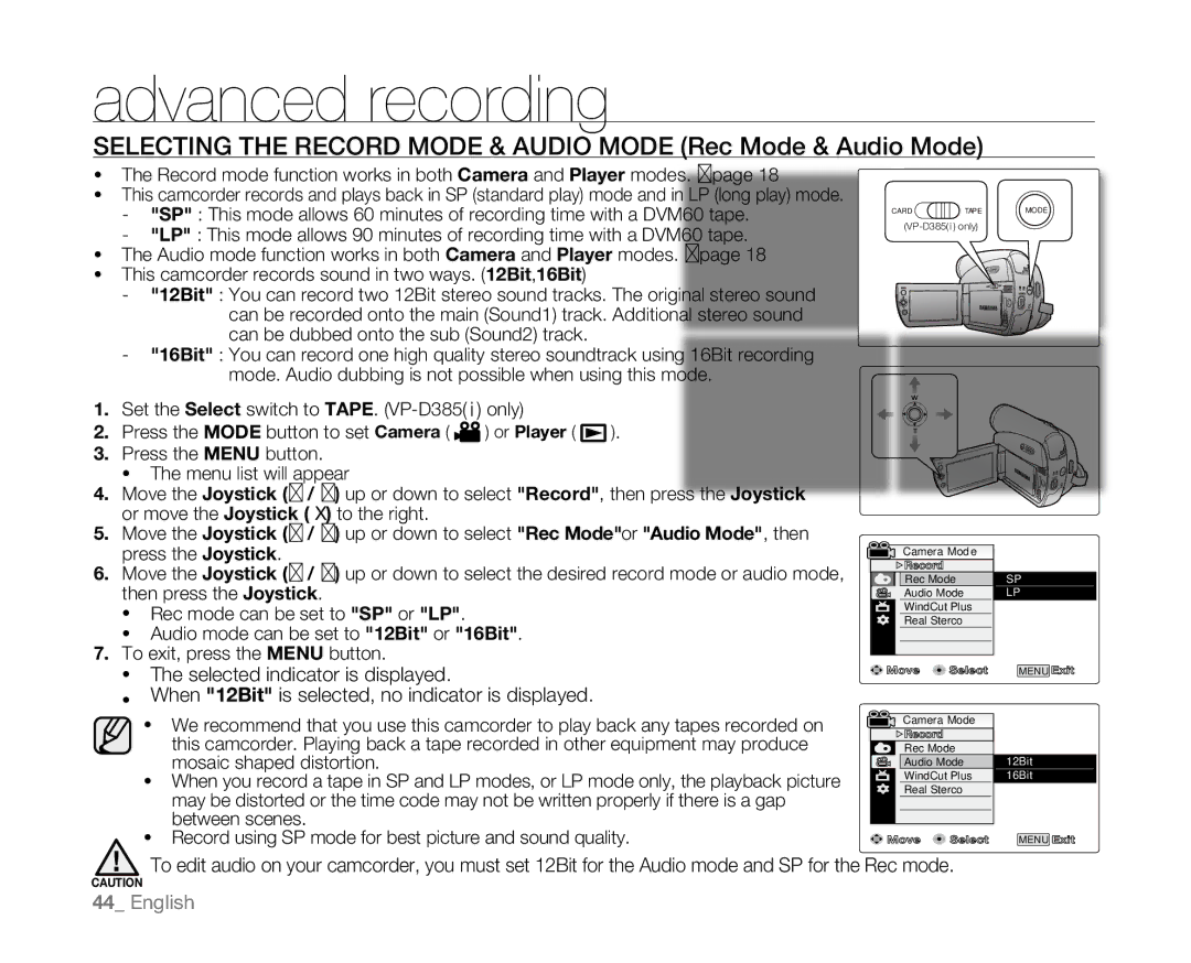 Samsung VP-D381( i ), VP-D382H, VP-D384 Advanced recording, Selecting the Record Mode & Audio Mode Rec Mode & Audio Mode 