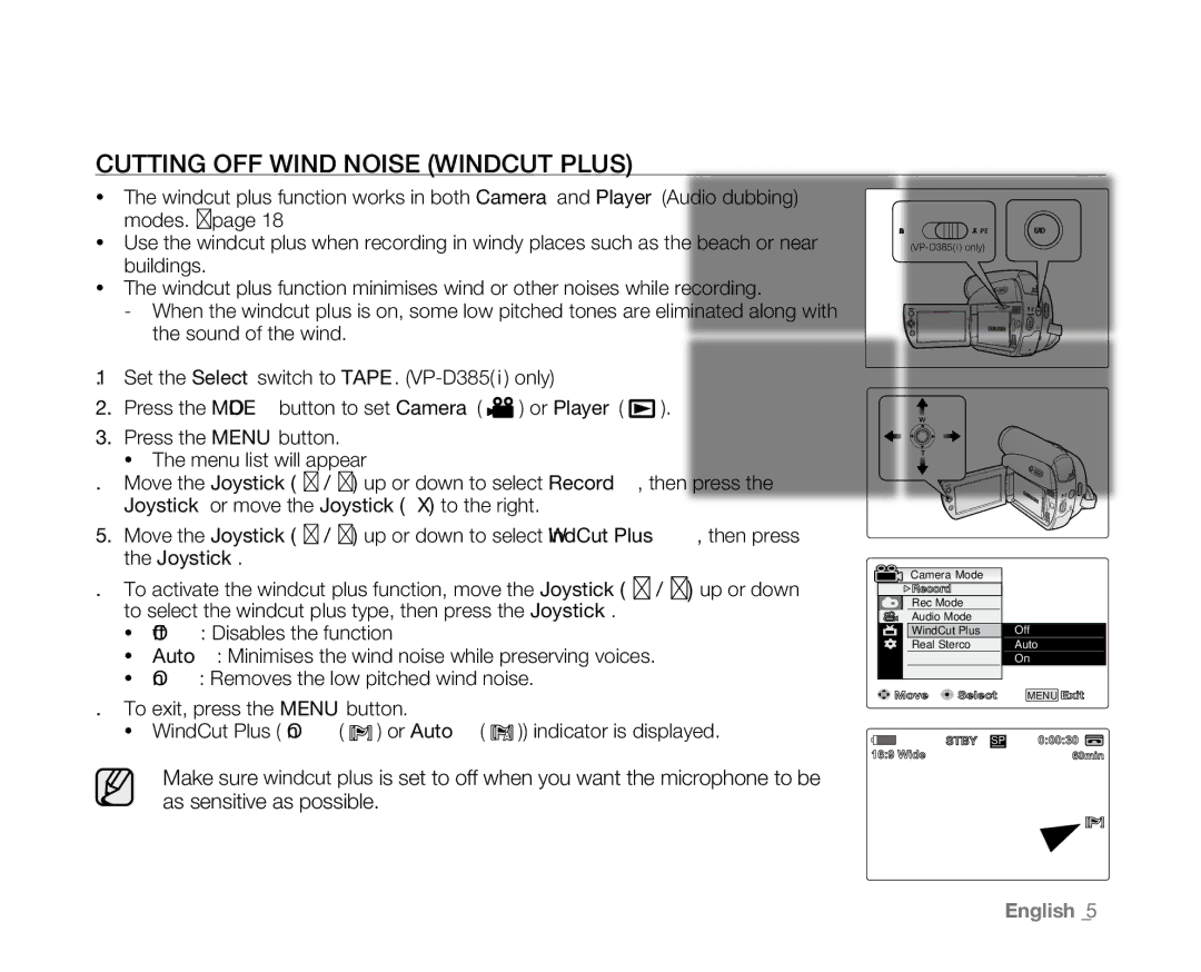 Samsung VP-D384, VP-D382H, VP-D382( i ), VP-D385( i ), VP-D381( i ) user manual Cutting OFF Wind Noise Windcut Plus 