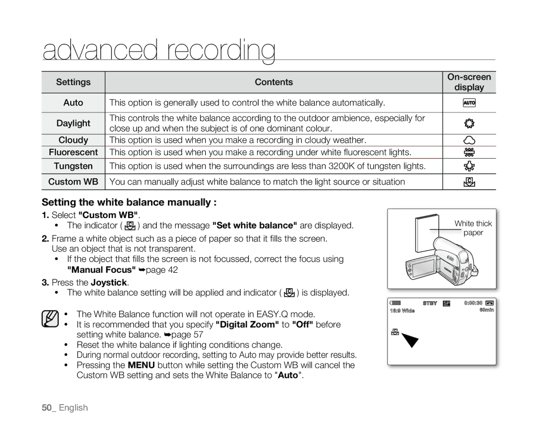 Samsung VP-D384, VP-D382H, VP-D382( i ), VP-D385( i ), VP-D381( i ) Setting the white balance manually, Select Custom WB 