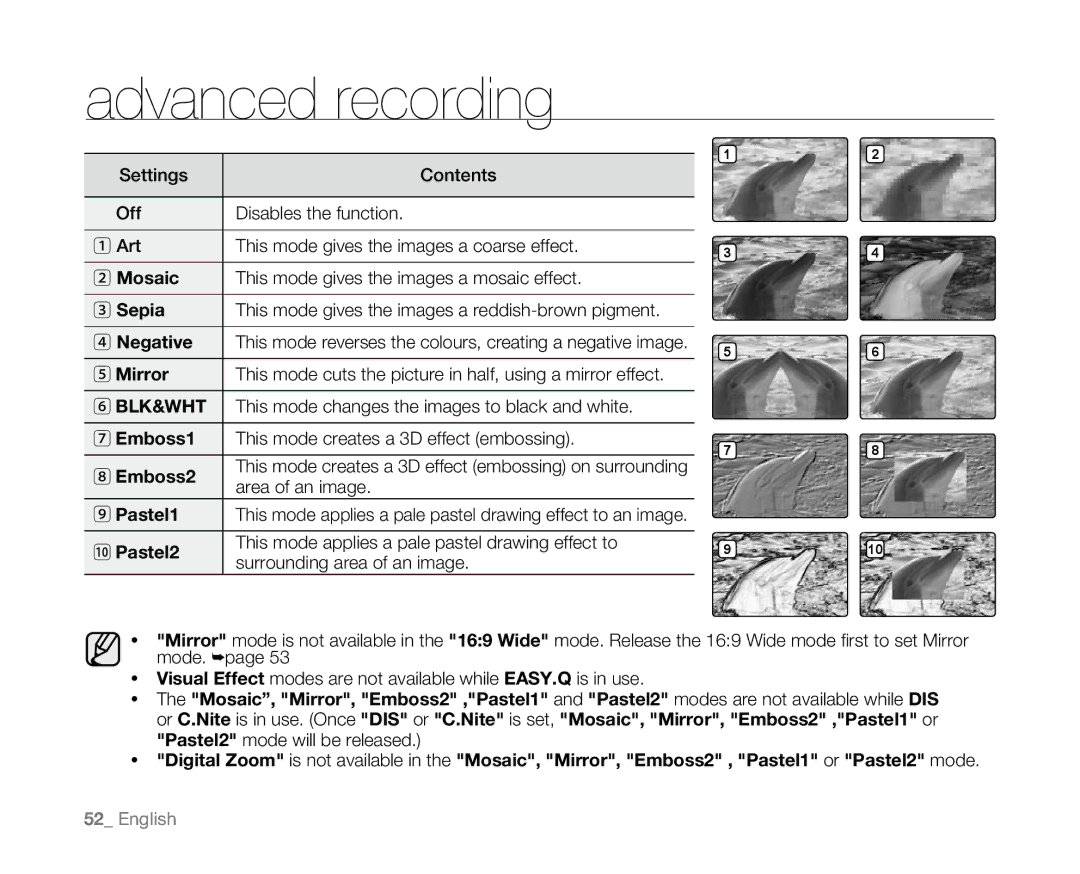 Samsung VP-D382( i ), VP-D382H, VP-D385( i ), VP-D381( i ), VP-D384 user manual Sepia, Mirror, Emboss2,  Pastel2 