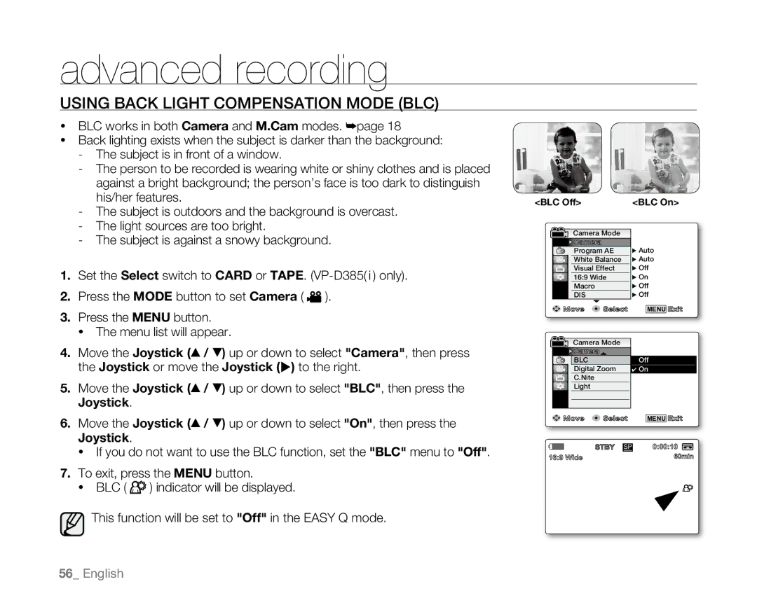 Samsung VP-D382H, VP-D382( i ), VP-D385( i ), VP-D381( i ), VP-D384 user manual Using Back Light Compensation Mode BLC 