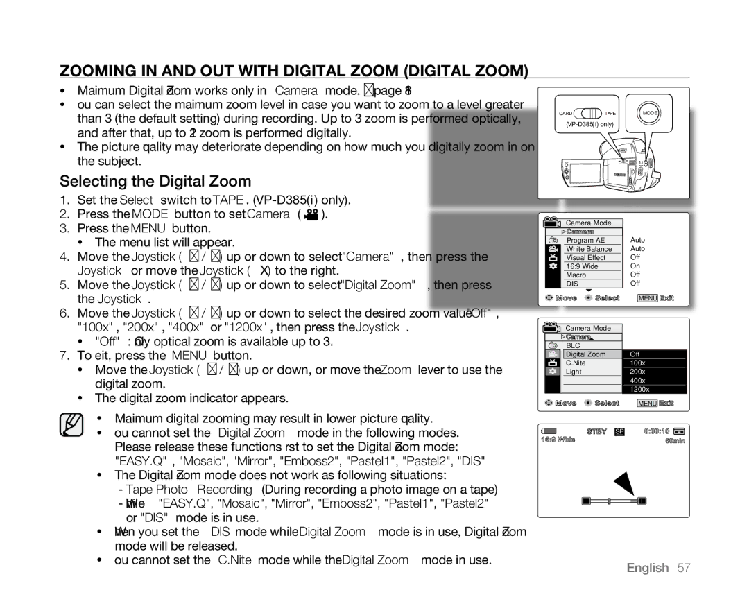 Samsung VP-D382( i ), VP-D382H, VP-D385( i ) Zooming In and Out with Digital Zoom Digital Zoom, Selecting the Digital Zoom 