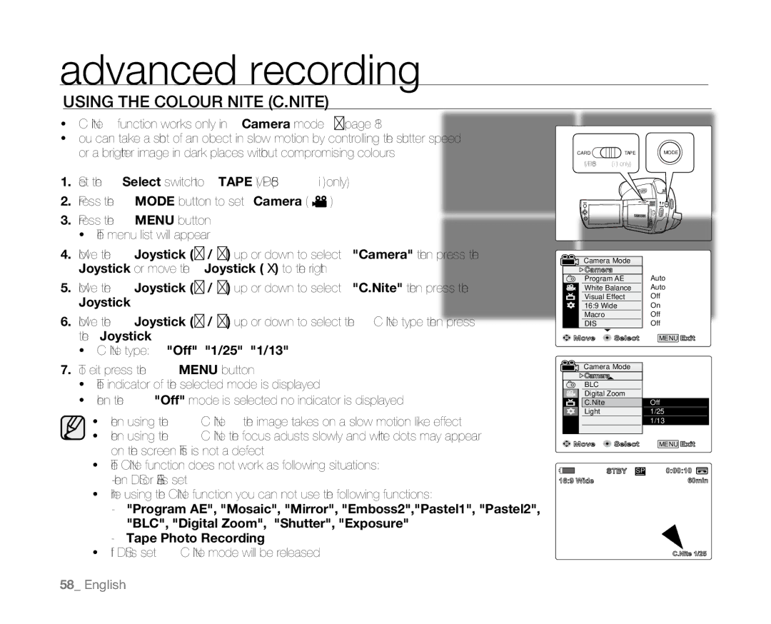 Samsung VP-D385( i ), VP-D382H, VP-D382( i ), VP-D381( i ), VP-D384 user manual Using the Colour Nite C.NITE 