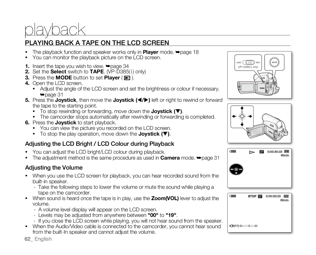 Samsung VP-D382( i ), VP-D382H, VP-D385( i ), VP-D381( i ), VP-D384 user manual Playback, Playing Back a Tape on the LCD Screen 