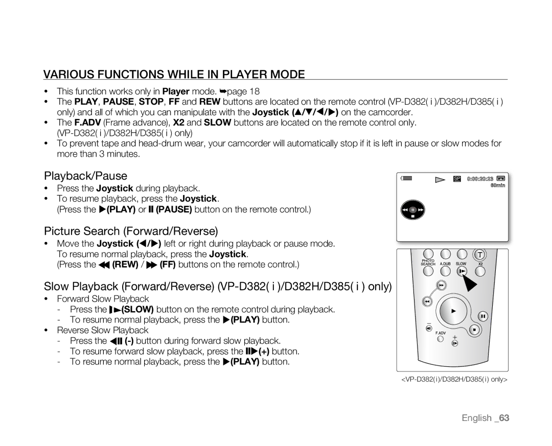 Samsung VP-D385( i ), VP-D382H Various Functions while in Player Mode, Playback/Pause, Picture Search Forward/Reverse 