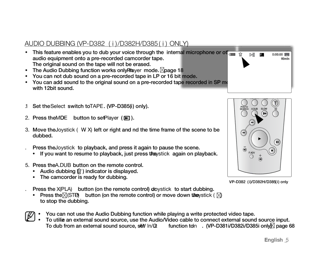 Samsung VP-D384, VP-D382H, VP-D382( i ), VP-D385( i ), VP-D381( i ) user manual Audio Dubbing vp-d382 i /D382H/d385 i only 