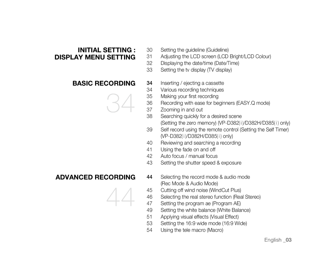 Samsung VP-D385( i ), VP-D382H, VP-D382( i ), VP-D381( i ), VP-D384 user manual Initial Setting Display Menu Setting 