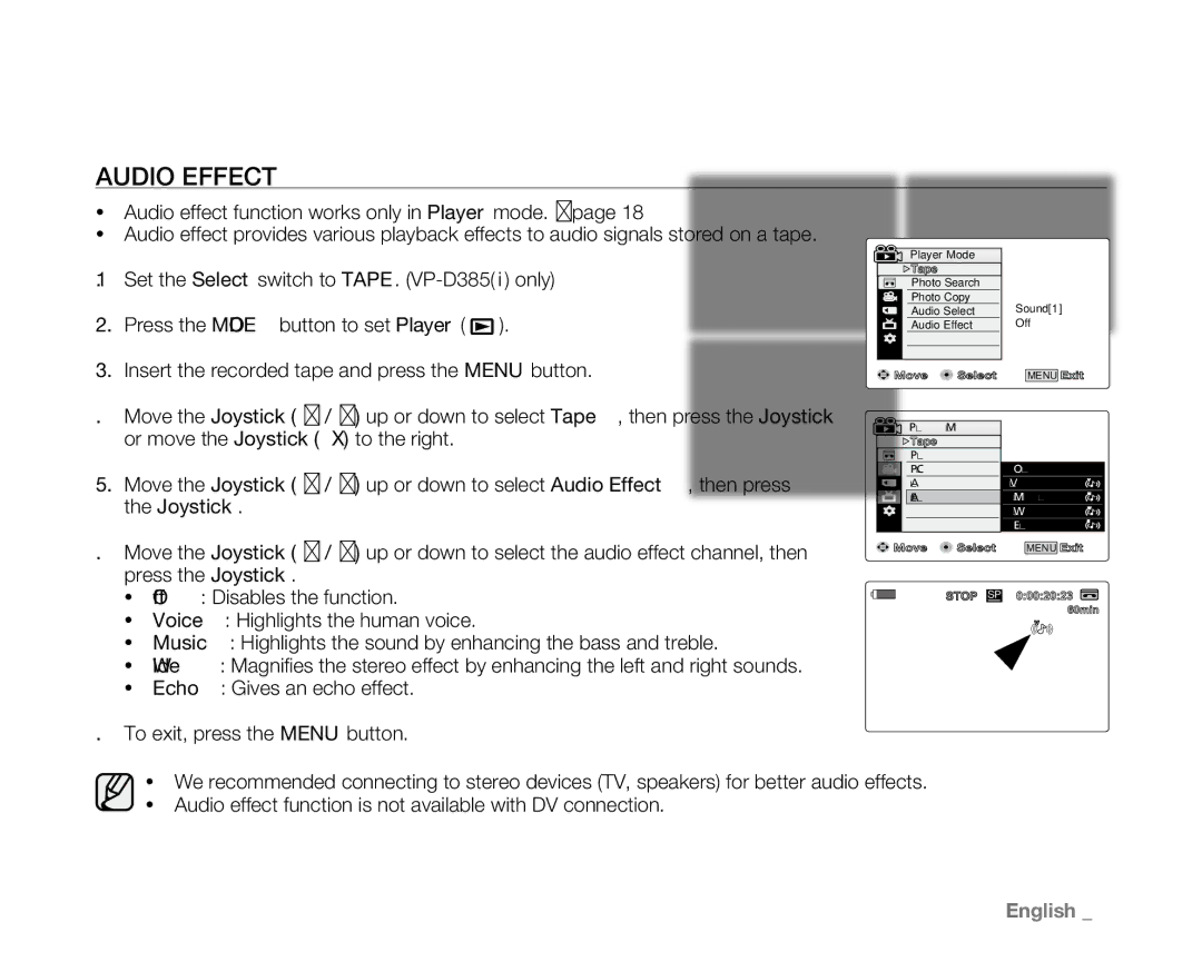 Samsung VP-D382( i ), VP-D382H, VP-D385( i ), VP-D381( i ), VP-D384 user manual Audio Effect, Joystick 