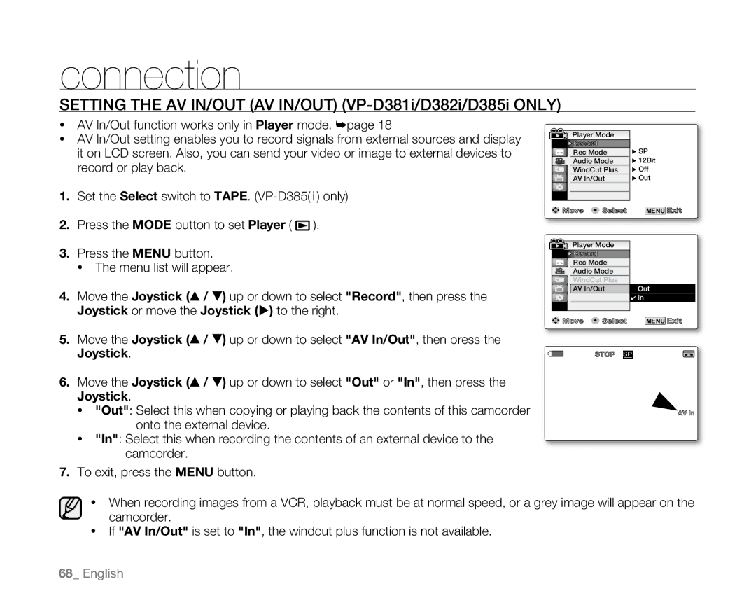 Samsung VP-D385( i ), VP-D384 Connection, Setting the AV In/Out AV In/Out VP-D381i/D382i/D385i only, Press the Menu button 