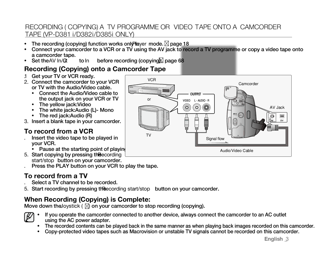 Samsung VP-D385( i ), VP-D382H, VP-D384 Recording Copying onto a Camcorder Tape, To record from a VCR, To record from a TV 