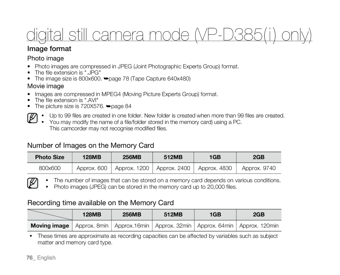 Samsung VP-D382H, VP-D384 Image format, Number of Images on the Memory Card, Recording time available on the Memory Card 