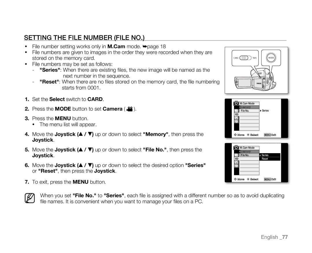 Samsung VP-D382( i ), VP-D382H, VP-D385( i ), VP-D381( i ), VP-D384 user manual Setting the File Number File No 