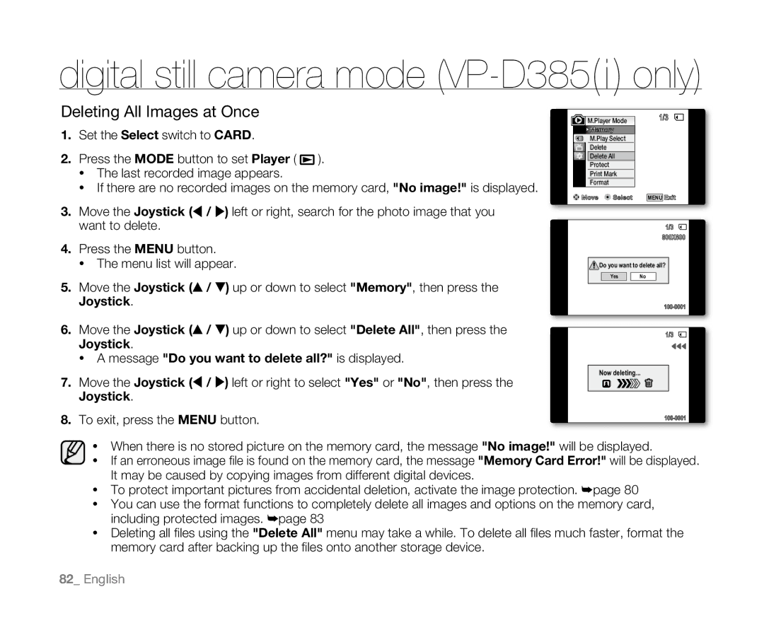 Samsung VP-D382( i ), VP-D382H, VP-D385( i ) Deleting All Images at Once, Message Do you want to delete all? is displayed 