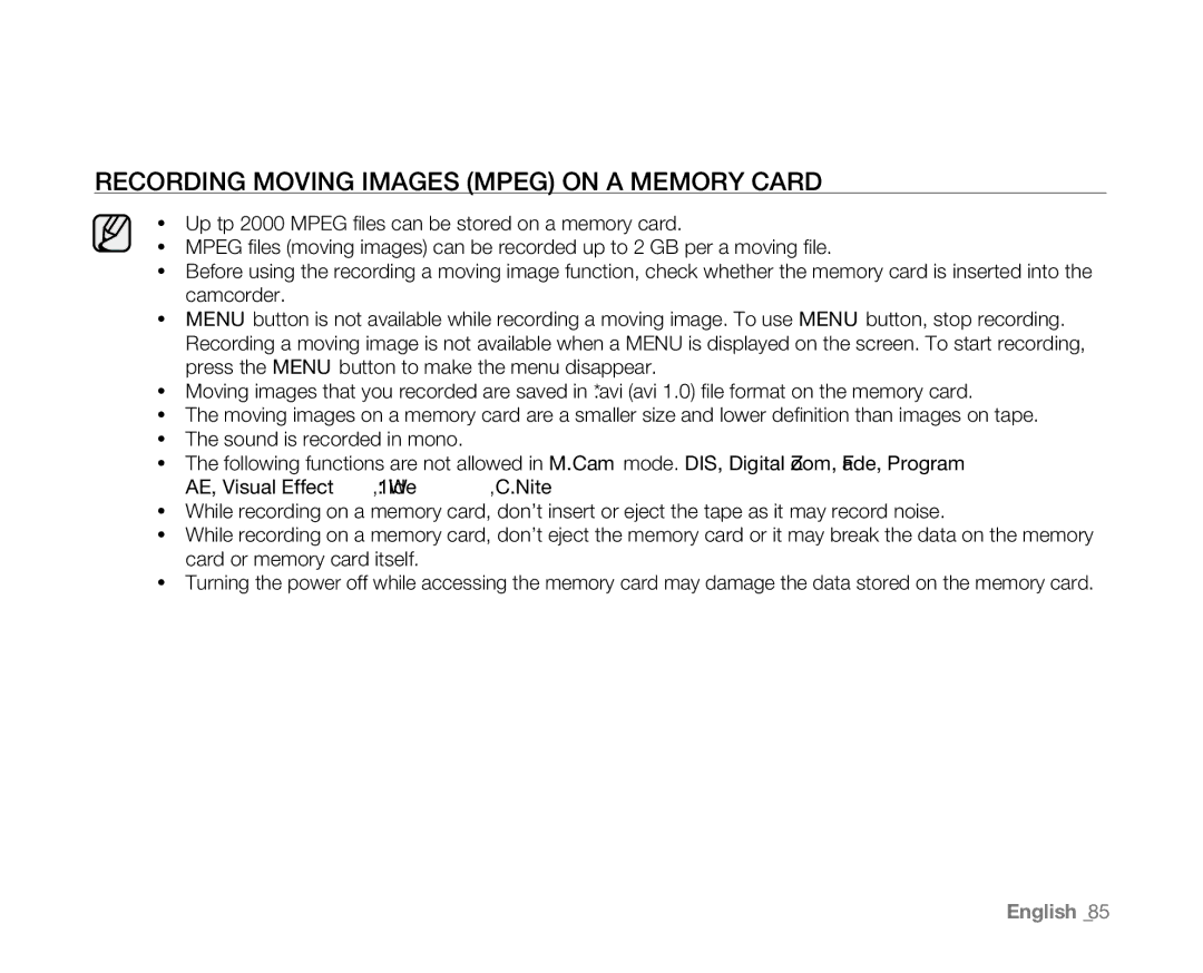 Samsung VP-D384, VP-D382H, VP-D382( i ), VP-D385( i ), VP-D381( i ) user manual Recording Moving Images Mpeg on a Memory Card 