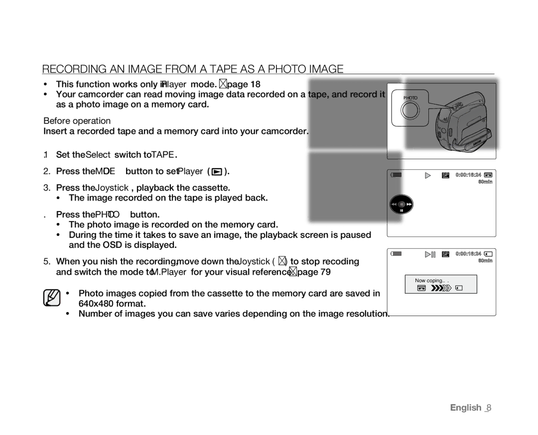 Samsung VP-D382( i ), VP-D382H, VP-D385( i ), VP-D381( i ) Recording AN Image from a Tape AS a Photo Image, Before operation 