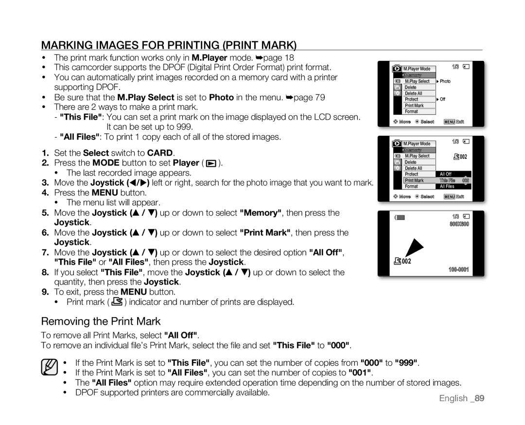 Samsung VP-D381( i ) Marking Images for Printing Print Mark, Removing the Print Mark, Quantity, then press the Joystick 