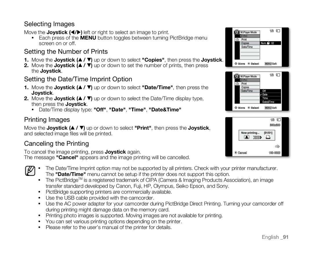 Samsung VP-D382H Selecting Images, Setting the Number of Prints, Setting the Date/Time Imprint Option, Printing Images 